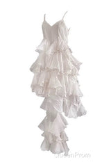 Chic High Low Spaghetti Straps Evening Prom Dresses Birthday Dresses With Ruffles