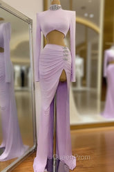 Chic High Split Long Sleeve Evening Prom Dresses Mermaid High Neck Online