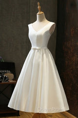 Chic Lace Up Tea Length Vintage Satin Ivory Wedding Dresses