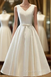 Chic Lace Up Tea Length Vintage Satin Ivory Wedding Dresses