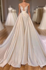 Chic Long A-line Cathedral Sleeveless V-neck Satin Wedding Dresses