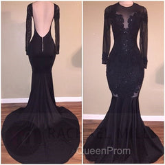Chic Mermaid Black Long-Sleeves Backless Appliques Evening Prom Party Gowns
