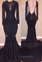 Chic Mermaid Black Long-Sleeves Backless Appliques Evening Prom Party Gowns