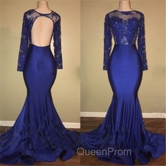 Chic Open Back Royal Blue Real Model Evening Prom Dresses Lace Long Sleeves Mermaid Evening Gown