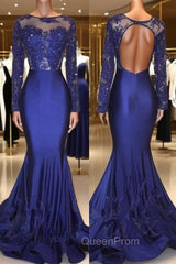 Chic Open Back Royal Blue Real Model Evening Prom Dresses Lace Long Sleeves Mermaid Evening Gown