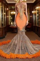 Chic Orange Long Mermaid Halter Sleeveless Tulle Evening Prom Dresses