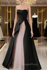 Chic Pink and Black Satin with Tulle Evening Prom Dresses, A-line Long Party Dresses
