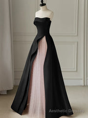 Chic Pink and Black Satin with Tulle Prom Dress, A-line Long Party Dress