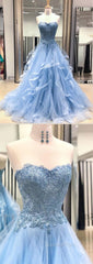 Chic Evening Prom Dresses Sweetheart Sky Blue Ruffles Aline Lace Evening Prom Dresses