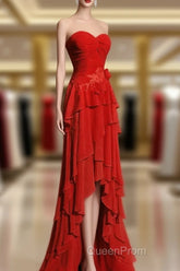 Chic Red High Low Chiffon Wedding Party Dresses, Red Layers Long Formal Dresses