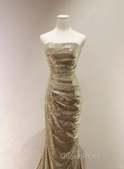 Chic Sequins Mermaid Scoop Long Formal Dresses, Gold Long Evening Prom Dresses Party Dresses