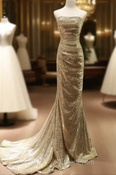 Chic Sequins Mermaid Scoop Long Formal Dresses, Gold Long Evening Prom Dresses Party Dresses