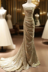 Chic Sequins Mermaid Scoop Long Formal Dresses, Gold Long Evening Prom Dresses Party Dresses