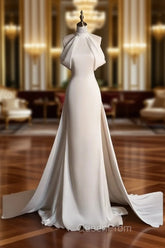 Chic Sheath High neckline Sleeveless Ivory Satin Long Wedding Dresses With Train
