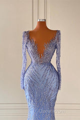 Chic V-Neck Long Sleeves Mermaid Evening Prom Dresses with Beads