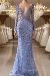 Chic V-Neck Long Sleeves Mermaid Evening Prom Dresses with Beads