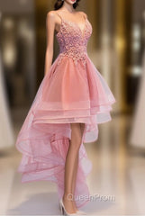 Chic V-neckline Lace Applique Tulle High Low Straps Homecoming Dresses, Tulle Short Evening Prom Dresses