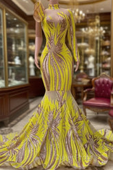 Chic Yellow Long Mermaid High Neck Tulle Lace Evening Prom Dresses with Sleeves