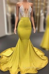 Chic Yellow Sleeveless Crystals Sheer Tulle Evening Prom Dresses New Arrival Mermaid Evening Gowns