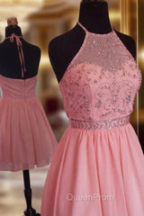 Chiffon Halter Short Dresses with Bead Deets