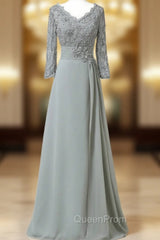 Chiffon Lace 3/4 Sleeve Double V Neck Grey Beading Mother of the Bride Dresses