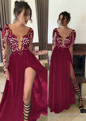 Chiffon Long/Floor-Length A-Line/Princess Full/Long Sleeve Bateau Zipper Up At Side Prom Dresses With Appliqued