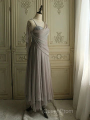 Chiffon Spaghetti Straps Transparent Beads Sweetheart Neck Grey Long Evening Prom Dresses