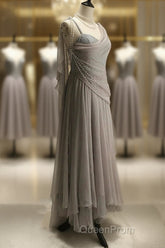 Chiffon Spaghetti Straps Transparent Beads Sweetheart Neck Grey Long Evening Prom Dresses