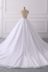 Classic Cap sleeves V neck White Ball Gown Lace Wedding Dresses