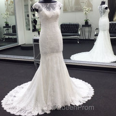 Classic Cap Sleeves White Illusion neck Lace Mermaid Wedding Dresses with Court Train