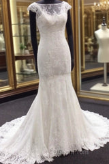 Classic Cap Sleeves White Illusion neck Lace Mermaid Wedding Dresses with Court Train