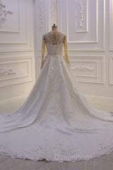 Classic Jewel Long Sleevess Tulle Lace Sparkle Ivory Wedding Dresses