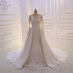 Classic Jewel Long Sleevess Tulle Lace Sparkle Ivory Wedding Dresses