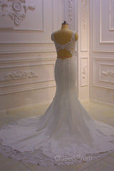 Classic Sleeveless Lace V neck Column White Court Train Wedding Dresses
