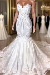 Classic Sleeveless Sweetheart Lace Appliques Mermaid Slim Bridal Wedding Dresses