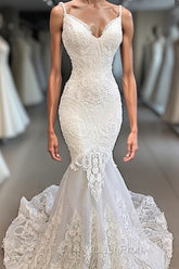 Classic Spaghetti Strap V neck White Sleeveless Mermaid Open Back Wedding Dresses with Chapel Train