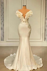 Classic White Mermaid V-Neck Satin Pearl Ruffle Long Evening Prom Dresses Elegant Evening Dresses