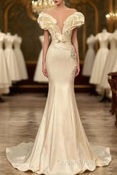 Classic White Mermaid V-Neck Satin Pearl Ruffle Long Evening Prom Dresses Elegant Evening Dresses