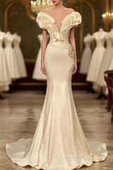 Classic White Mermaid V-Neck Satin Pearl Ruffle Long Evening Prom Dresses Elegant Evening Dresses