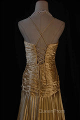 Classy A Line Halter Gold Satin Beads Long Evening Dresses Evening Prom Dresses