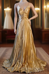 Classy A Line Halter Gold Satin Beads Long Evening Dresses Evening Prom Dresses