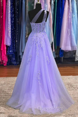 Classy A-Line One Shoulder Lavender Long Evening Prom Dresses