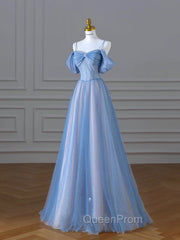 Classy A Line Spaghetti Straps Long Party Dresses Blue Evening Prom Dresses