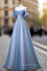 Classy A Line Spaghetti Straps Long Party Dresses Blue Evening Prom Dresses