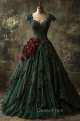 Classy Ball Gown Short Sleeves Dark Green Lace Long Party Dresses Satin Evening Prom Dresses