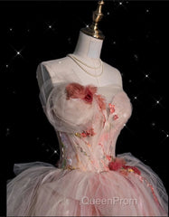 Classy Ball Gown Sweetheart Pink Floral Tulle Long Evening Dresses Evening Prom Dresses