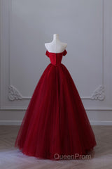Classy Balll Gown Strapless Red Tulle Long Evening Dresses Evening Prom Dresses