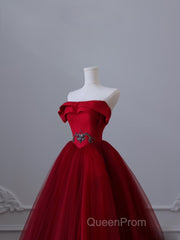 Classy Balll Gown Strapless Red Tulle Long Evening Dresses Evening Prom Dresses