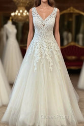 Classy Long A-Line Sweetheart Appliques Lace Tulle Backless Wedding Dresses