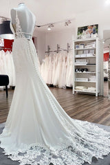 Classy Long Mermaid V-neck Satin Open Back Wedding Dresses with Lace Appliques
